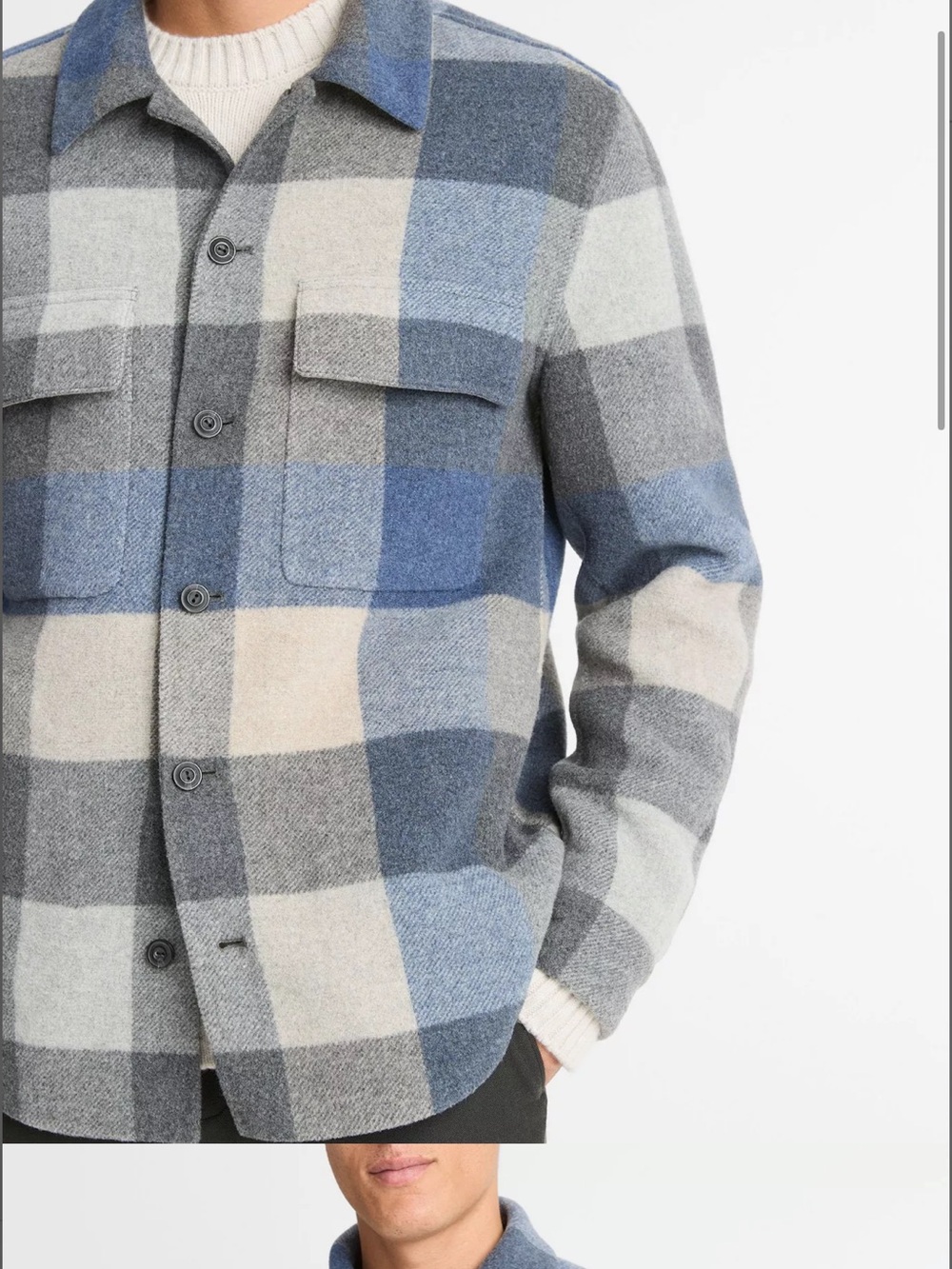 Vince Blue Gray Cream Plaid Wool Shacket